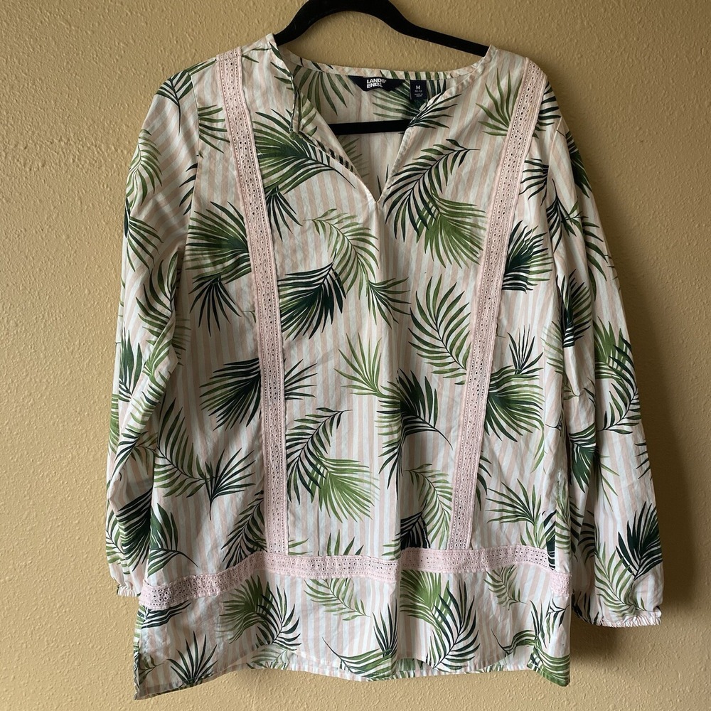 Lands' End Pink Stripe Fern Leaf Print Long Sleeve Tunic Blouse‎ M Boho Cotton